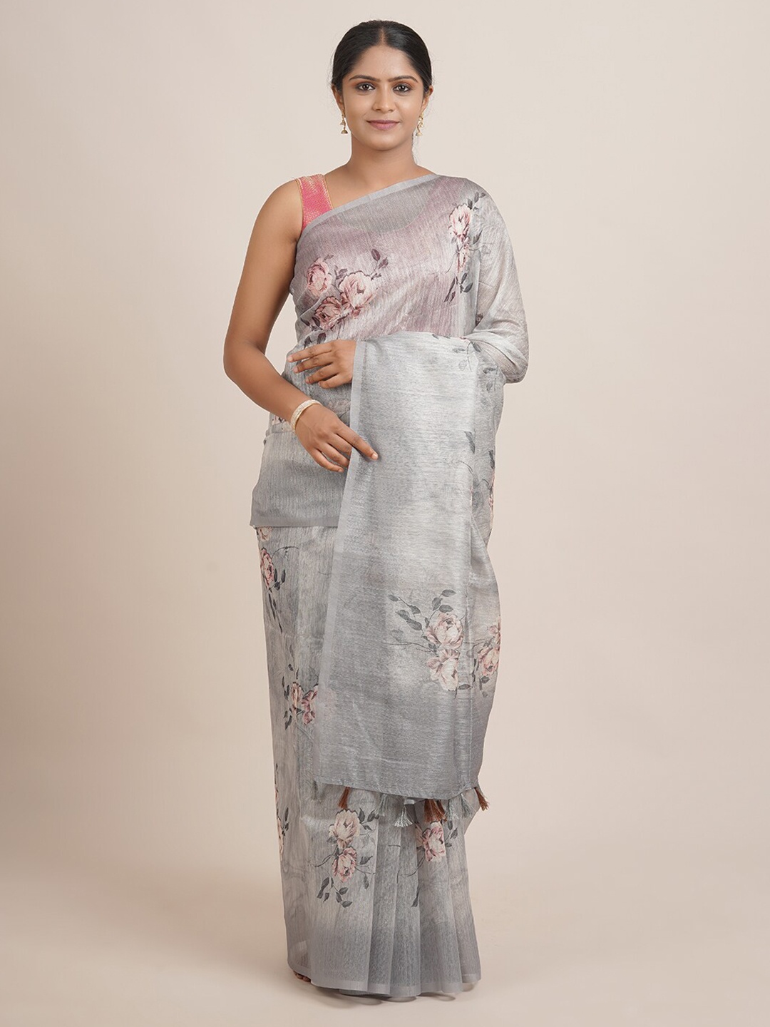 

Pothys Grey & White Floral Jute Silk Saree