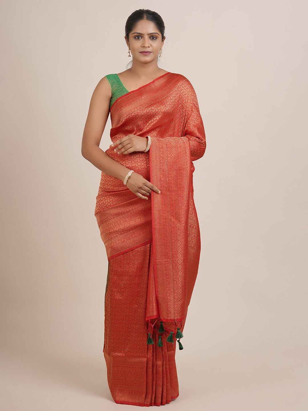 

Pothys Red & Gold-Toned Woven Design Beads and Stones Jute Silk Saree