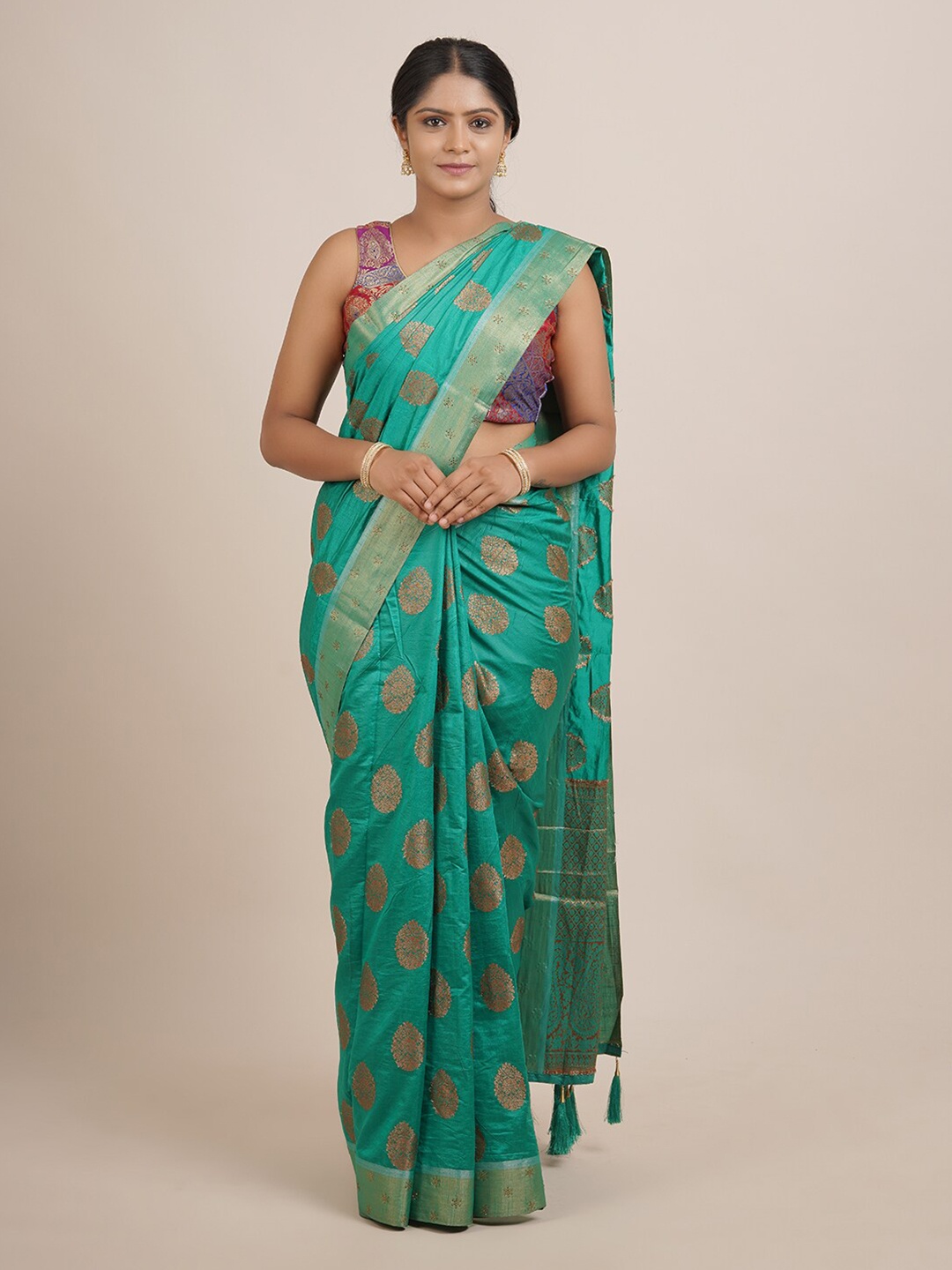 

Pothys Green & Copper-Toned Ethnic Motifs Beads and Stones Jute Silk Saree