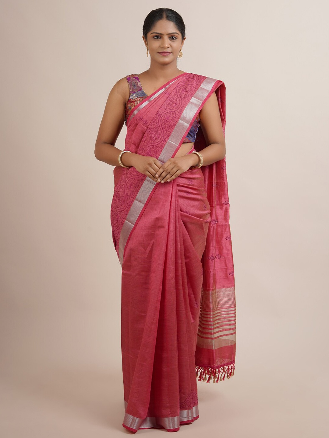 

Pothys Pink & Silver-Toned Floral Zari Jute Silk Saree