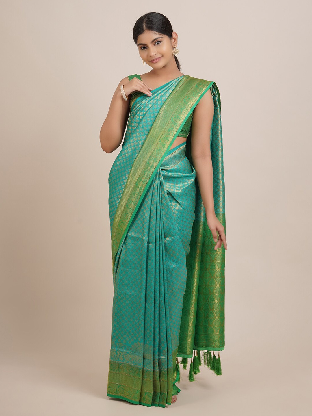 

Pothys Blue & Green Woven Design Beads and Stones Jute Silk Saree
