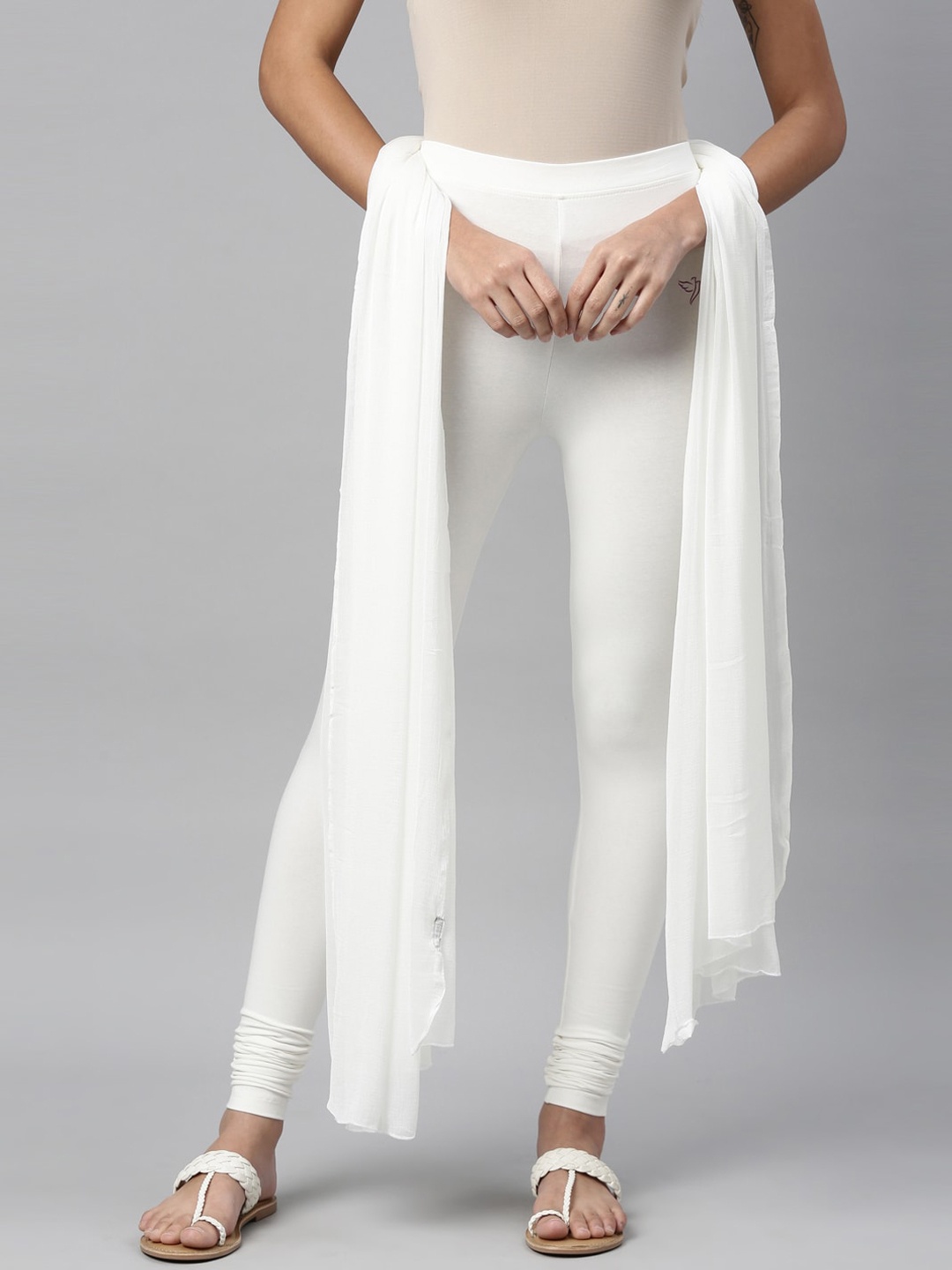 

TWIN BIRDS Women White Solid Churidar-Length Leggings With Matching Shawl