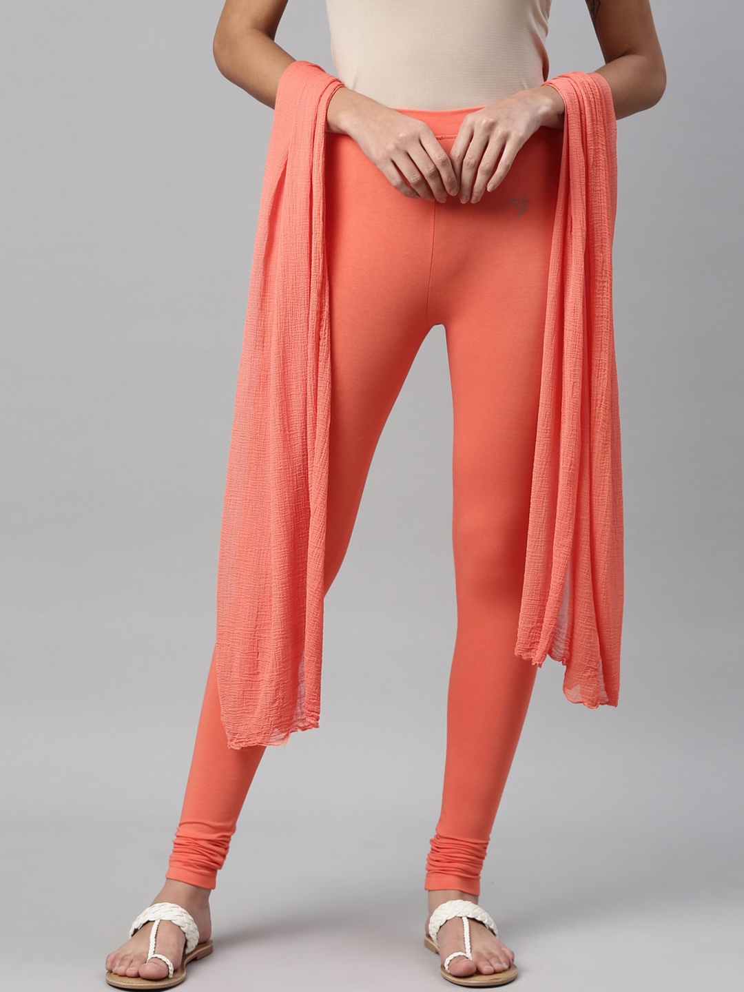 

TWIN BIRDS Women Orange Solid Churidar-Length Leggings & Shawl
