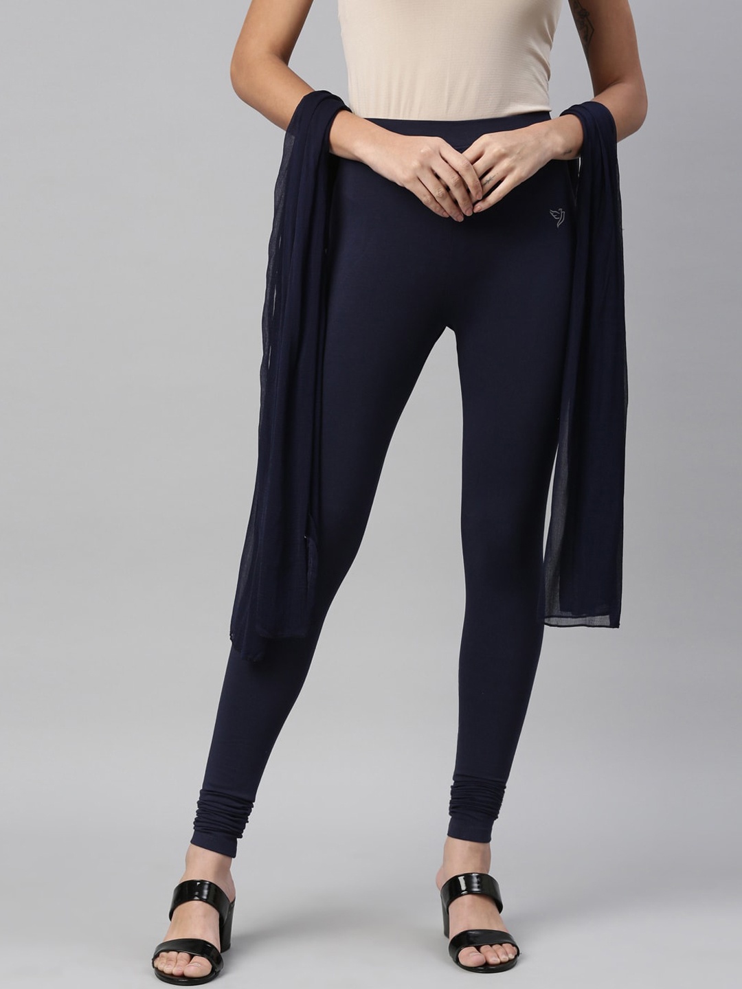 

TWIN BIRDS Women Navy Blue Solid Churidar-Length Leggings & Shawl