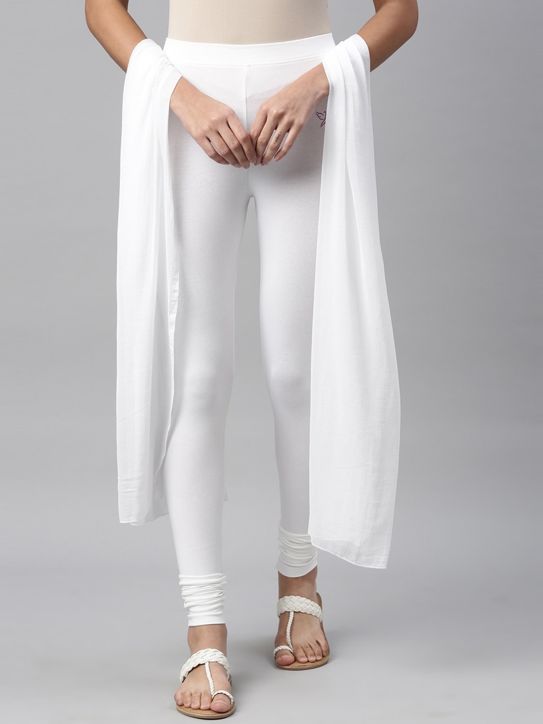 

TWIN BIRDS Women White Solid Churidar-Length Leggings With Matching Shawl