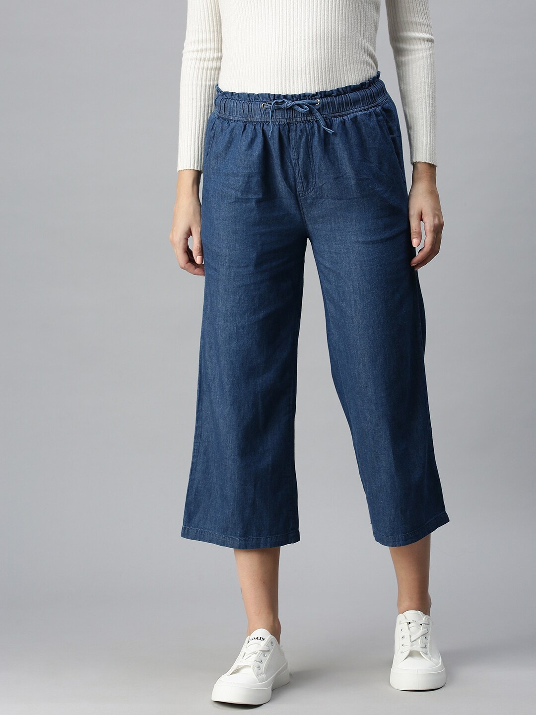 

De Moza Women Blue Solid Flared Cropped Cotton Palazzos