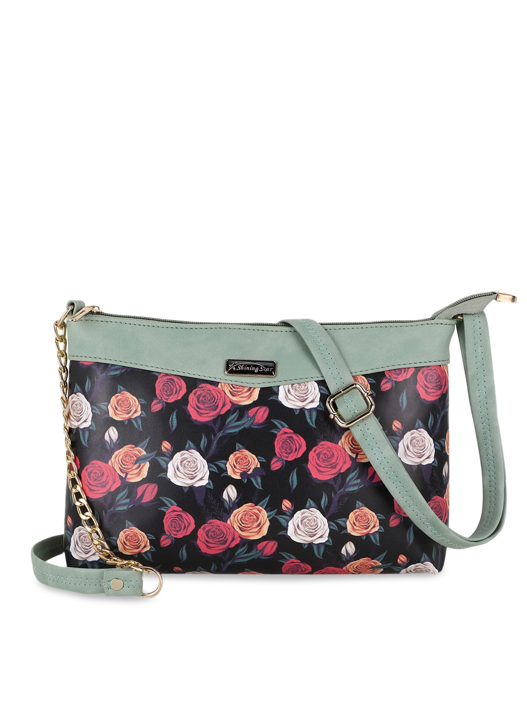 

SHINING STAR Black Floral Printed PU Structured Sling Bag