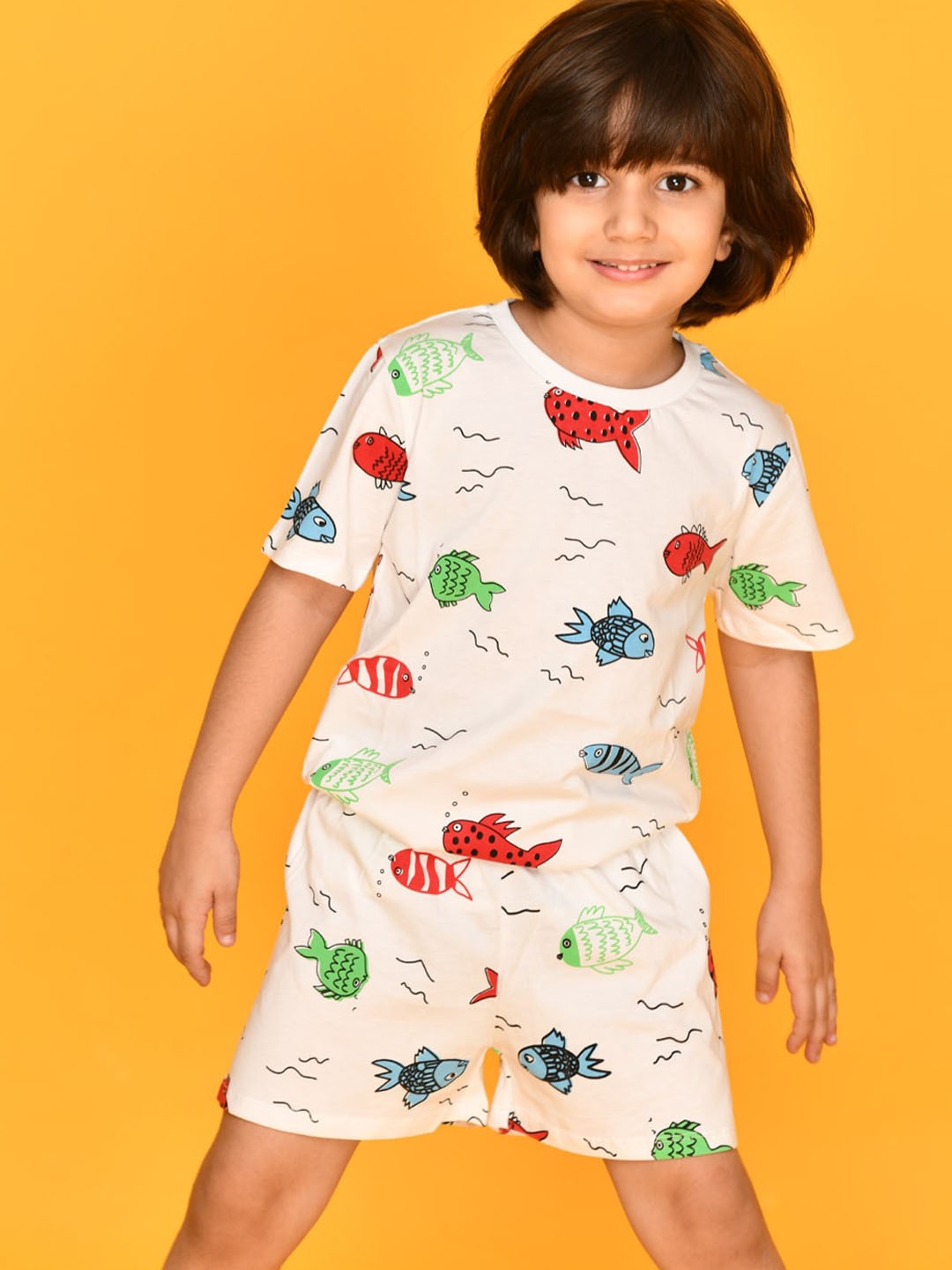 

Anthrilo Boys Cream-Coloured & Red Printed Pure Cotton Night suit