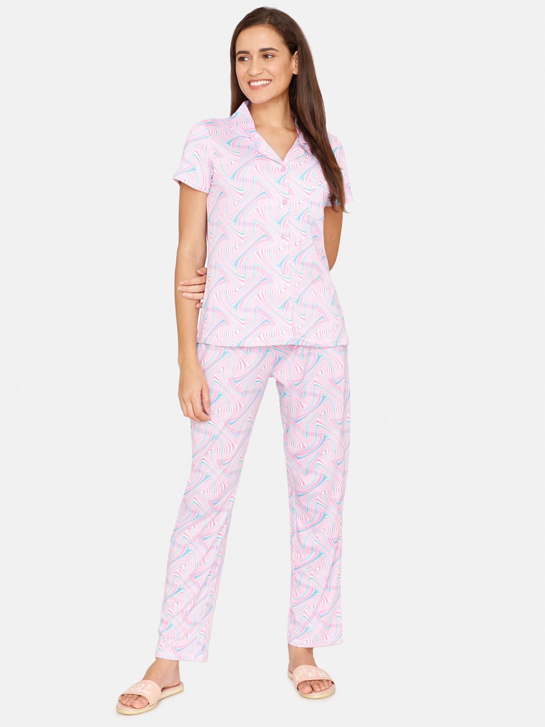 

Zivame Women Pink & Blue Printed Night suit