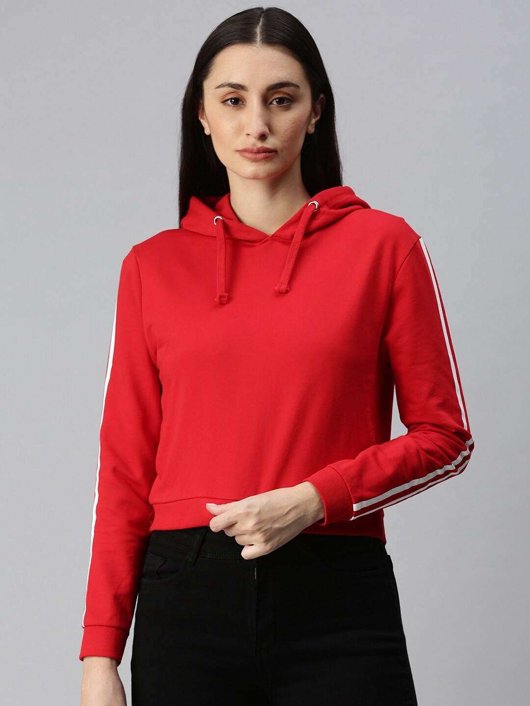 

De Moza Women Red Solid Cotton Hooded Crop Sweatshirt