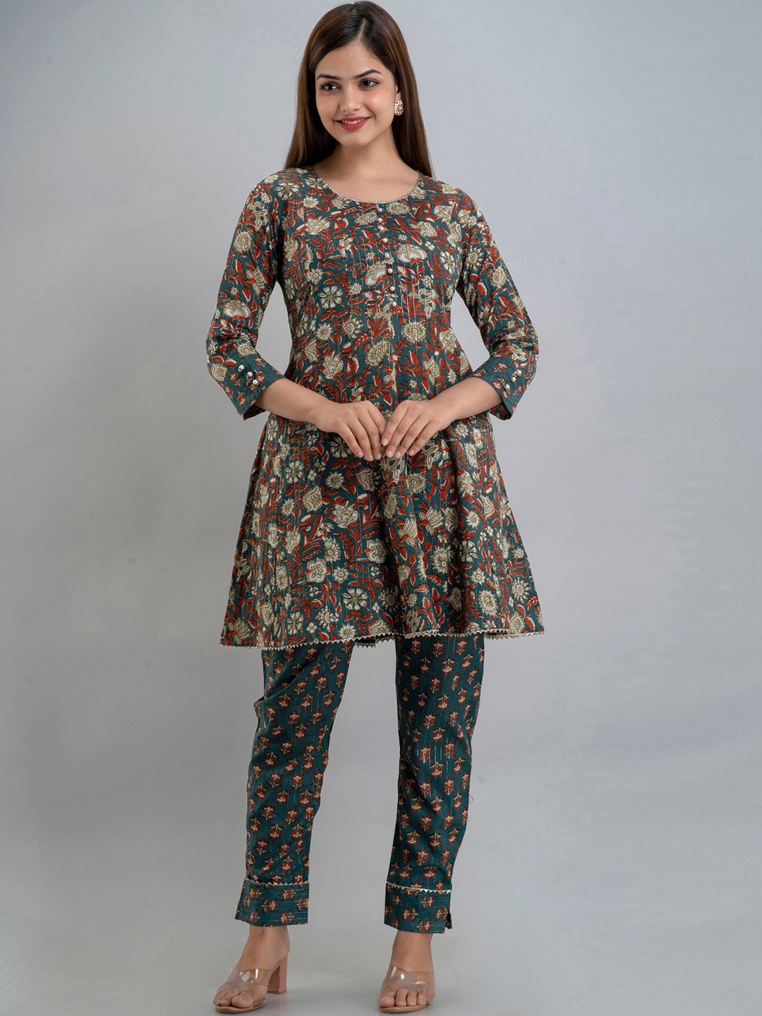 

KALINI Women Rust Red & Teal Green Ethnic Motifs Printed Pure Cotton Kurti with Trousers