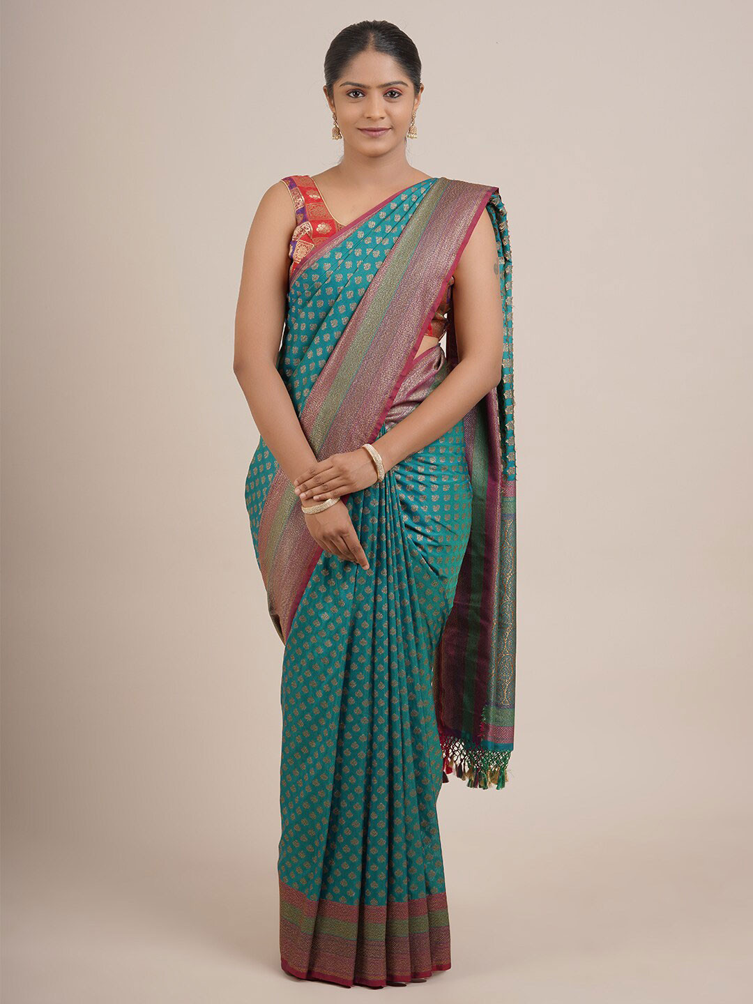 

Pothys Green & Red Woven Design Zari Pure Silk Saree