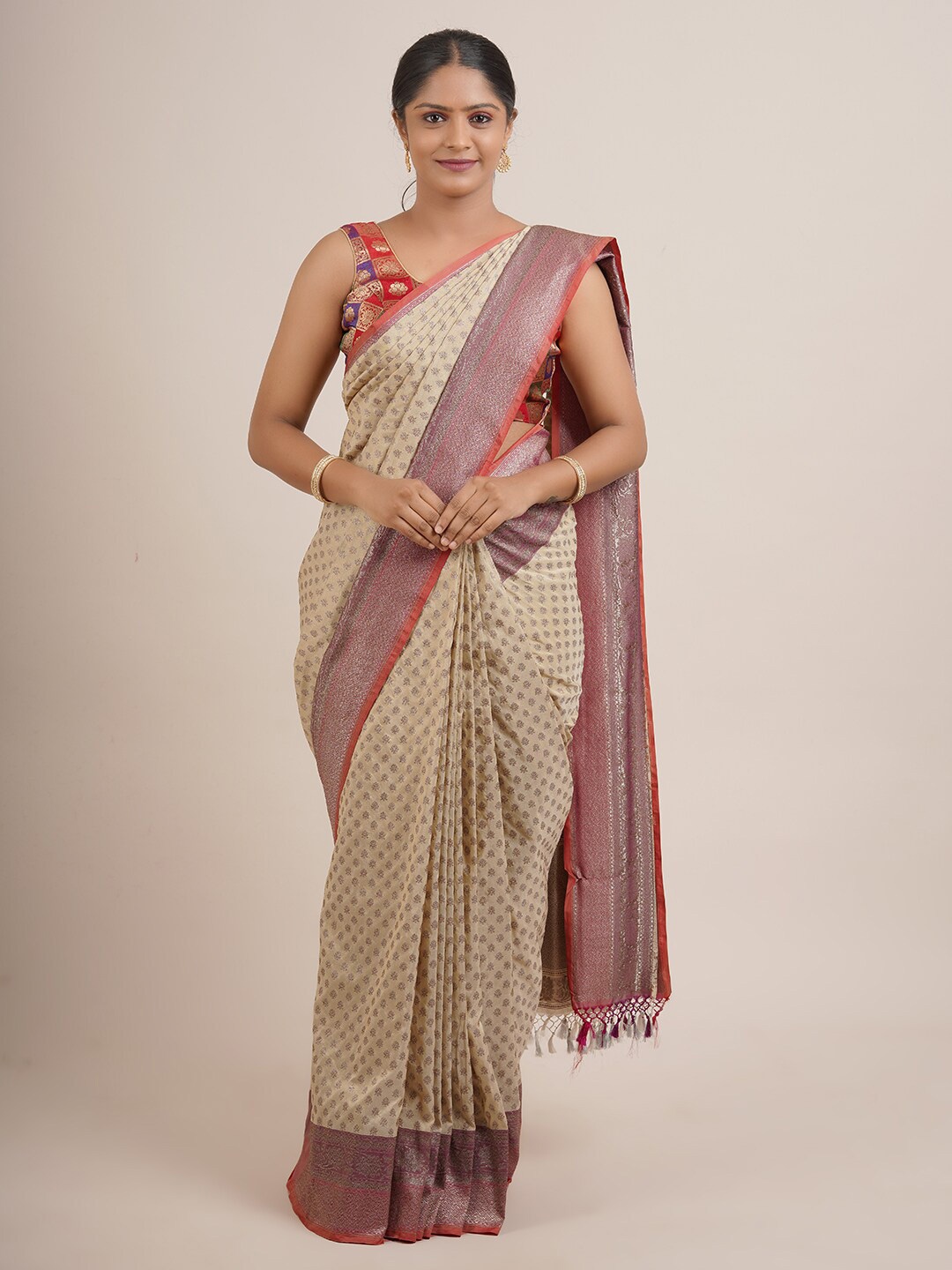 

Pothys Cream-Coloured & Rust Woven Design Zari Pure Silk Saree