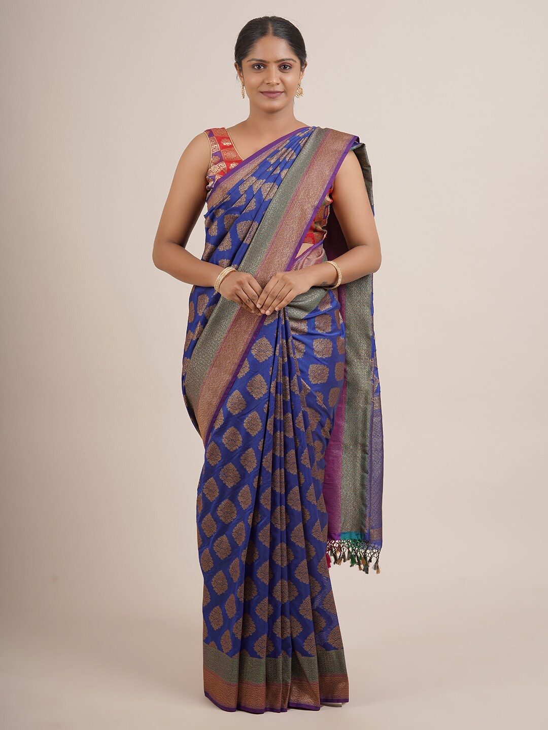 

Pothys Blue & Golden Ethnic Motifs Zari Pure Silk Banarasi Saree