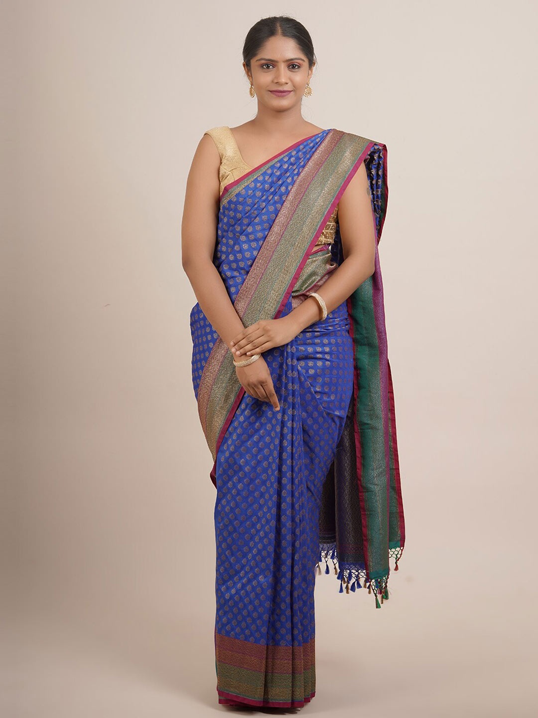 

Pothys Blue & Gold-Toned Ethnic Motifs Zari Pure Silk Saree