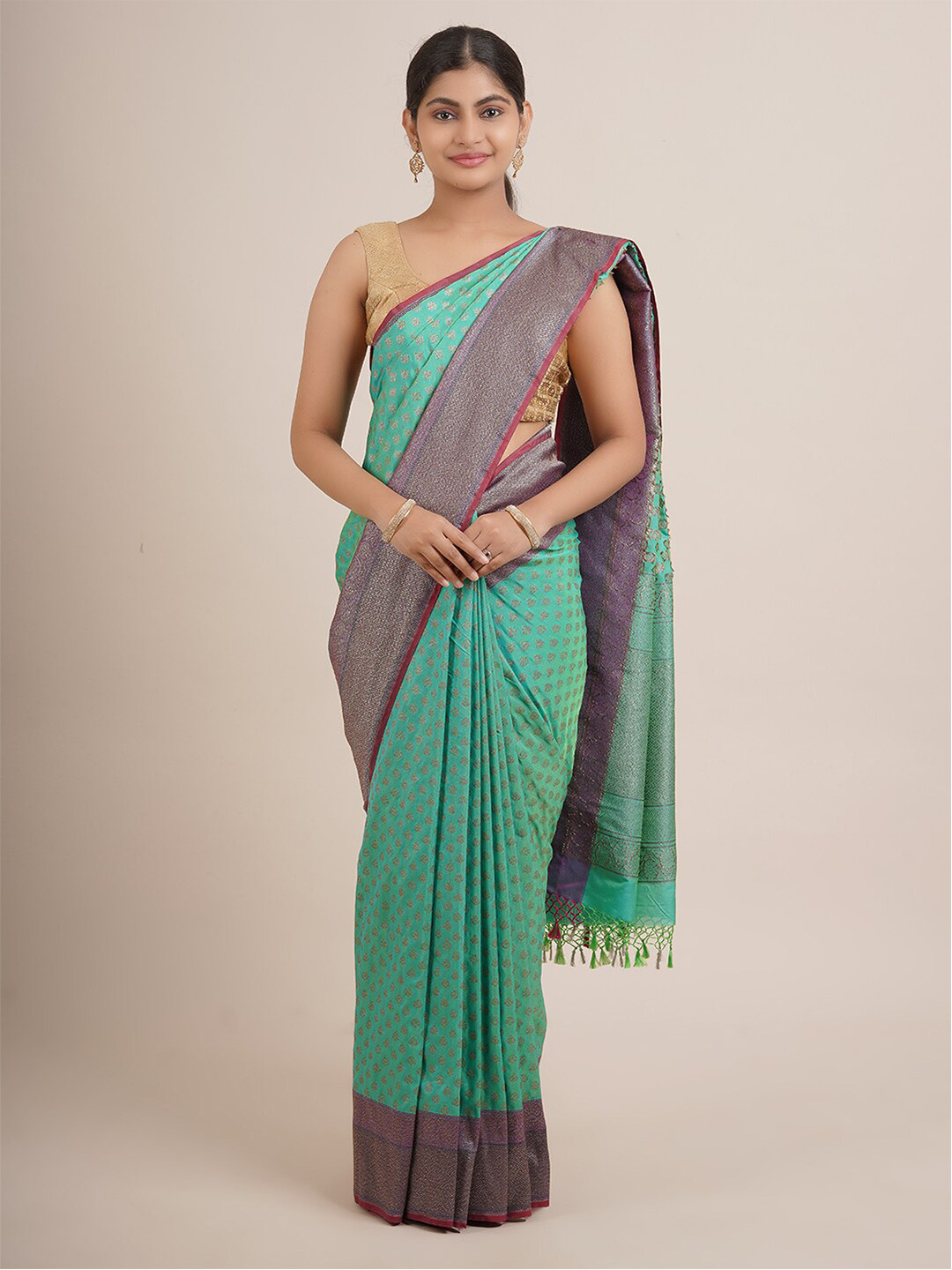 

Pothys Green & Purple Ethnic Motifs Zari Pure Silk Saree
