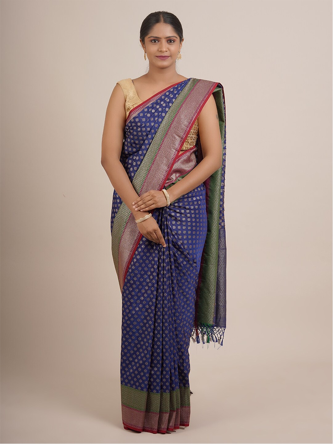 

Pothys Blue & Silver-Toned Floral Zari Pure Silk Saree