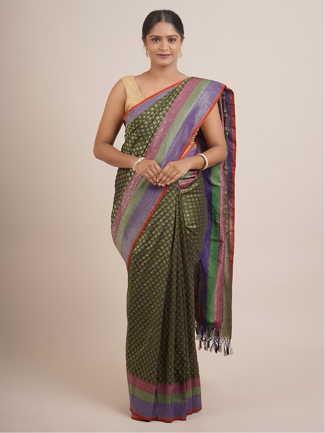 

Pothys Green & Violet Ethnic Motifs Pure Silk Banarasi Saree