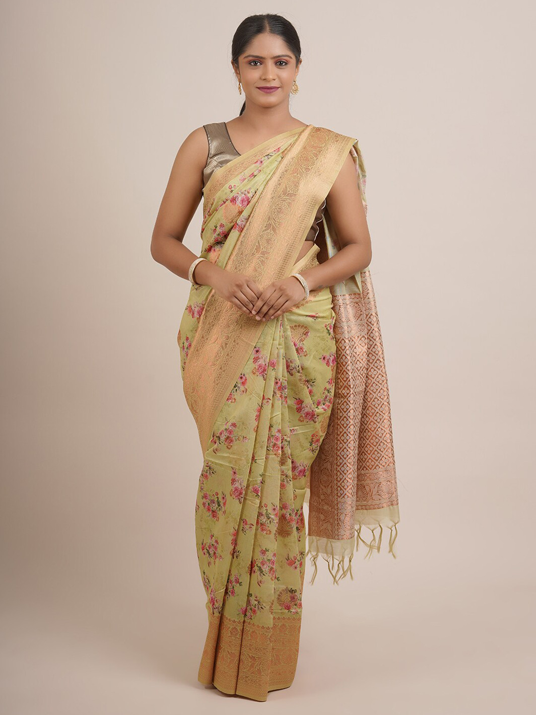 

Pothys Green & Pink Floral Woven Design Zari Pure Silk Saree