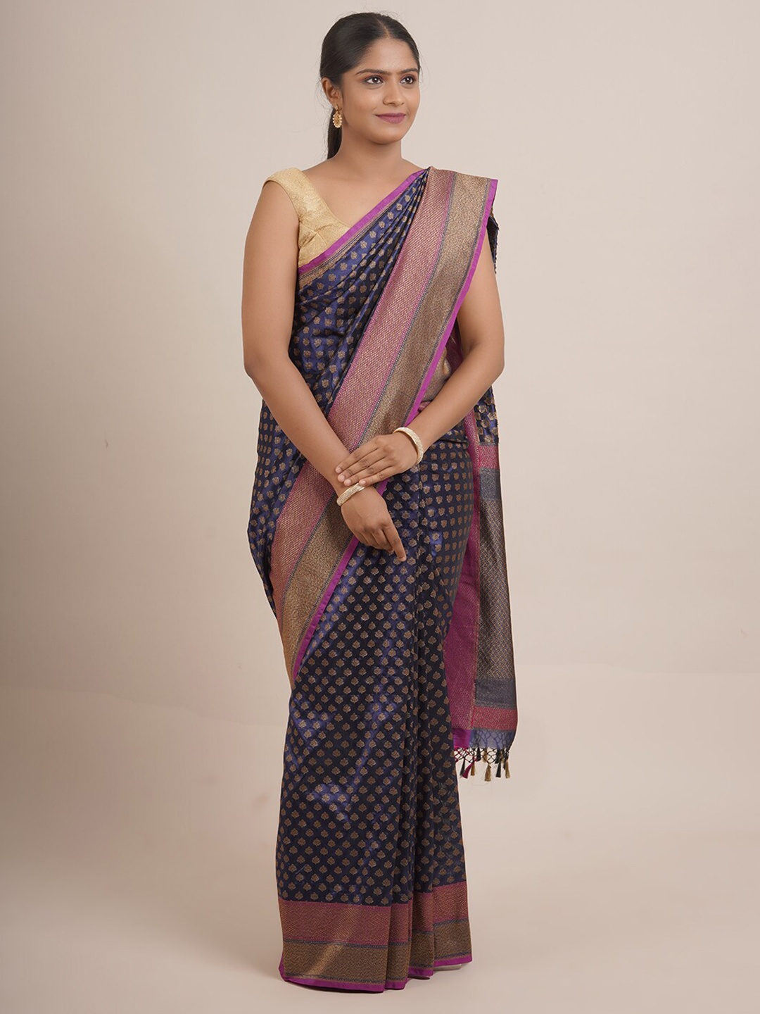 

Pothys Navy Blue & Pink Floral Zari Pure Silk Saree