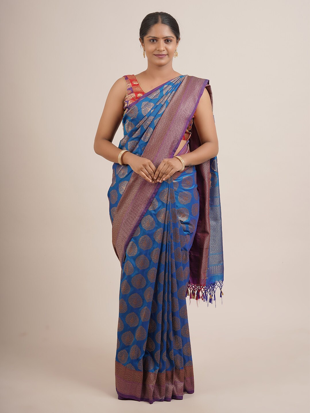 

Pothys Blue & Gold-Toned Ethnic Motifs Pure Silk Banarasi Saree