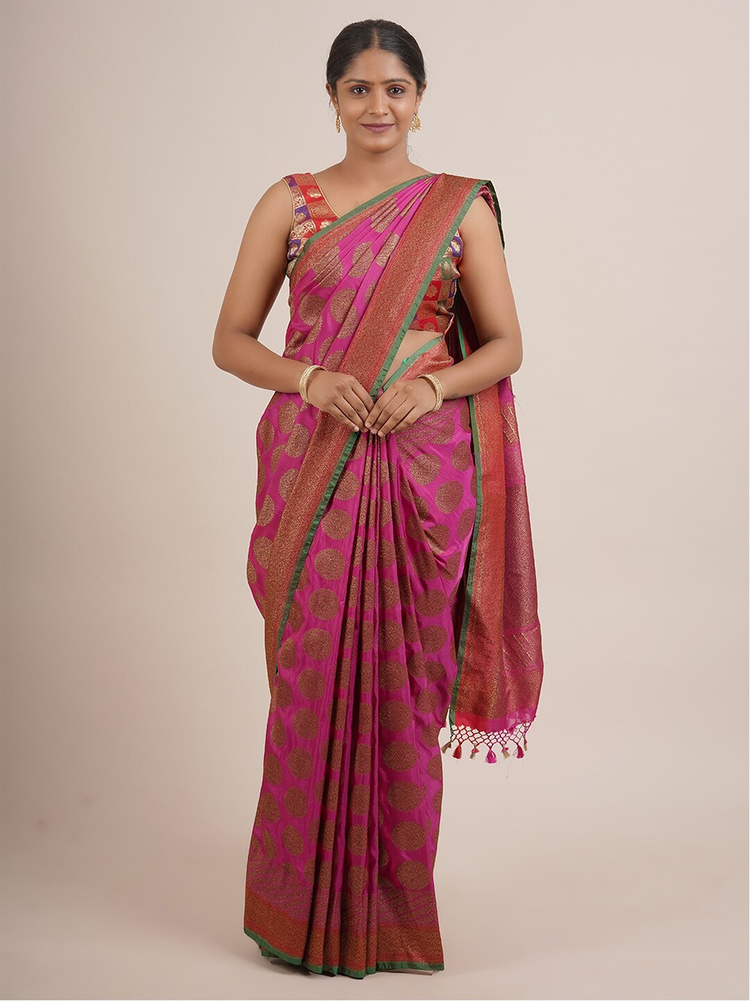 

Pothys Pink & Gold-Toned Woven Design Zari Pure Silk Saree