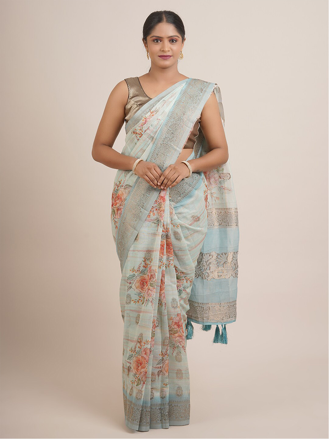 

Pothys Blue & Orange Floral Zari Pure Silk Saree