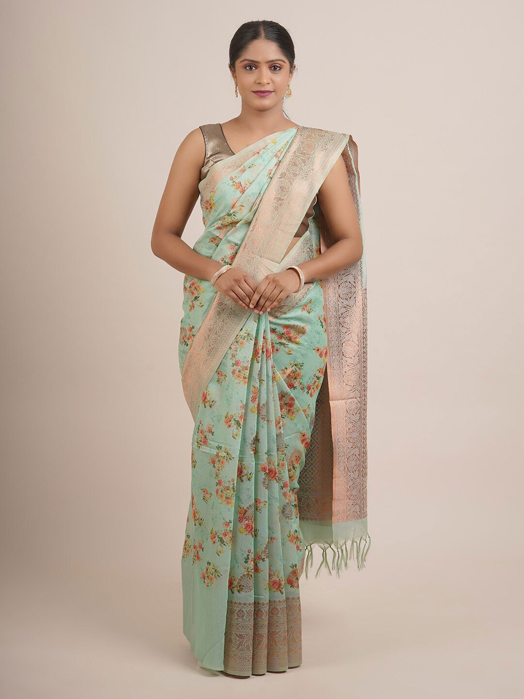 

Pothys Green & Pink Floral Zari Pure Silk Saree