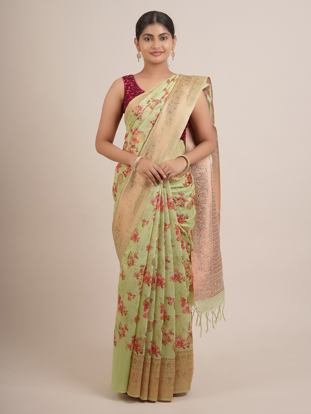 

Pothys Green & Pink Floral Zari Pure Silk Saree