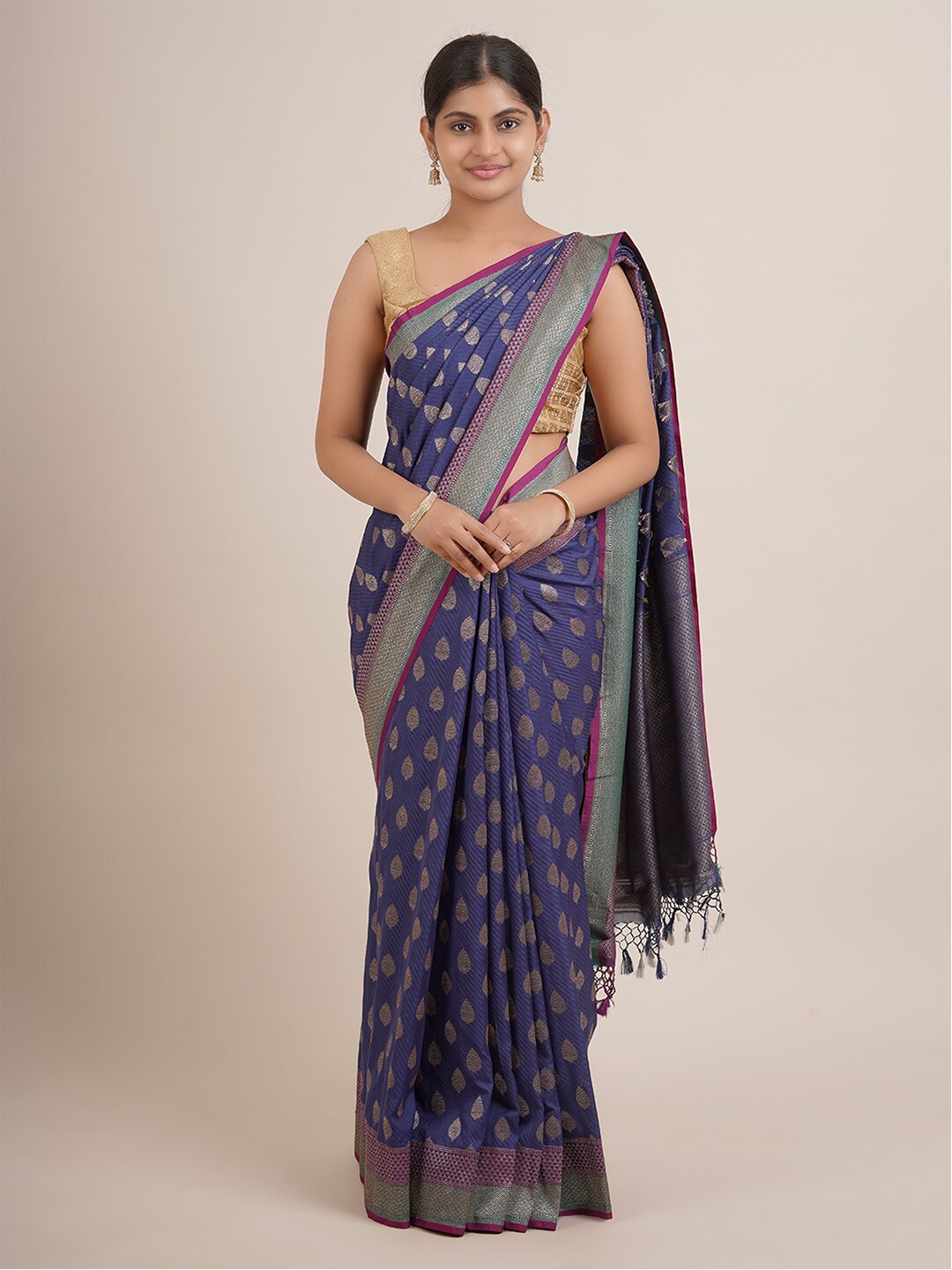 

Pothys Blue & Pink Ethnic Motifs Pure Silk Banarasi Saree