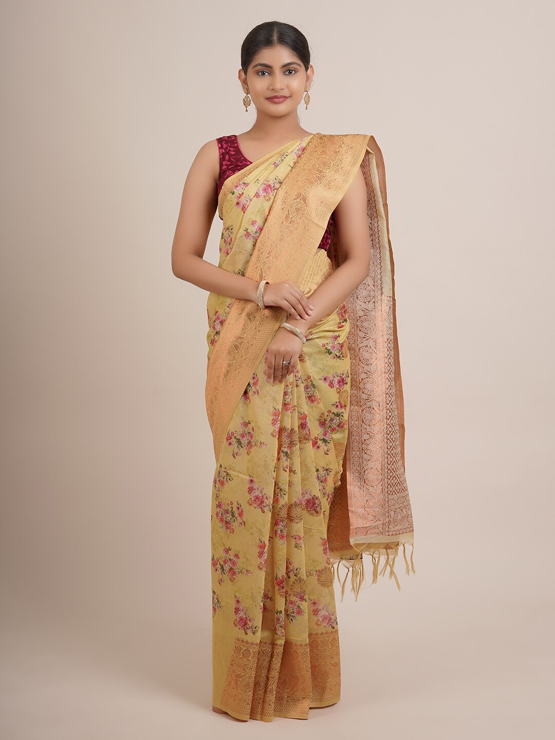 

Pothys Yellow & Pink Floral Printed Zari Art Silk Saree
