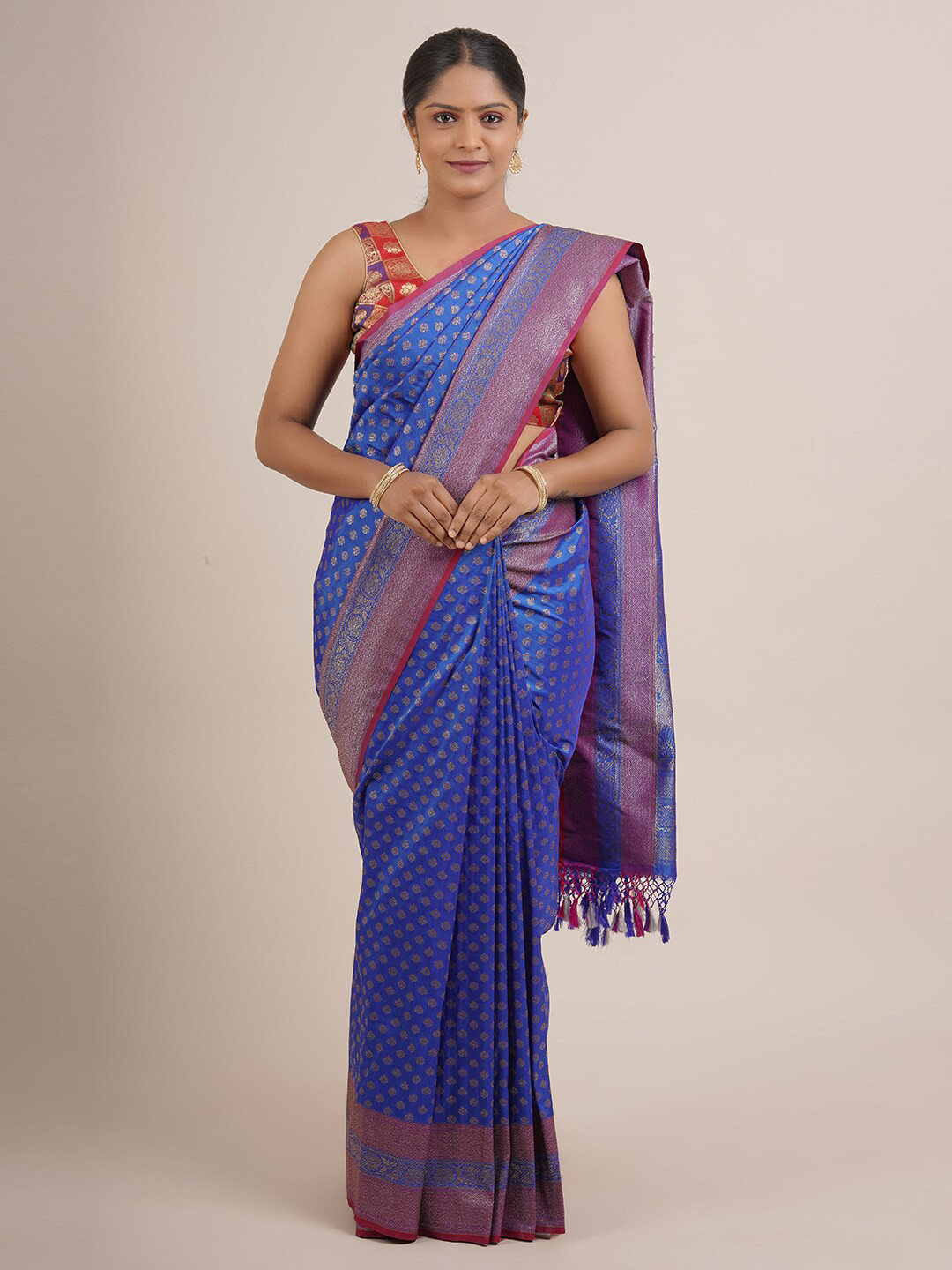 

Pothys Blue & Pink Ethnic Motifs Pure Silk Banarasi Saree