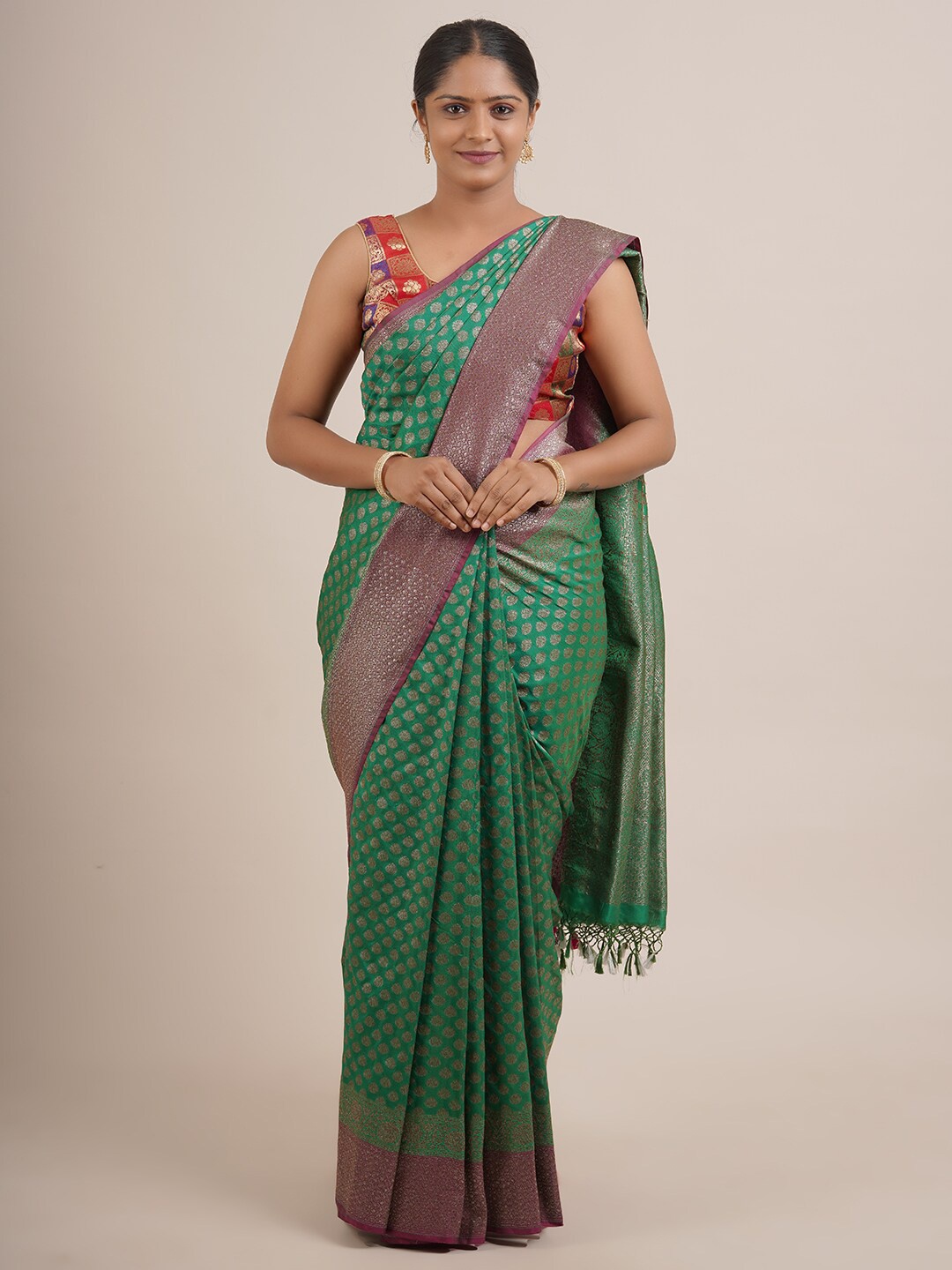 

Pothys Green & Silver-Toned Woven Design Pure Silk Saree