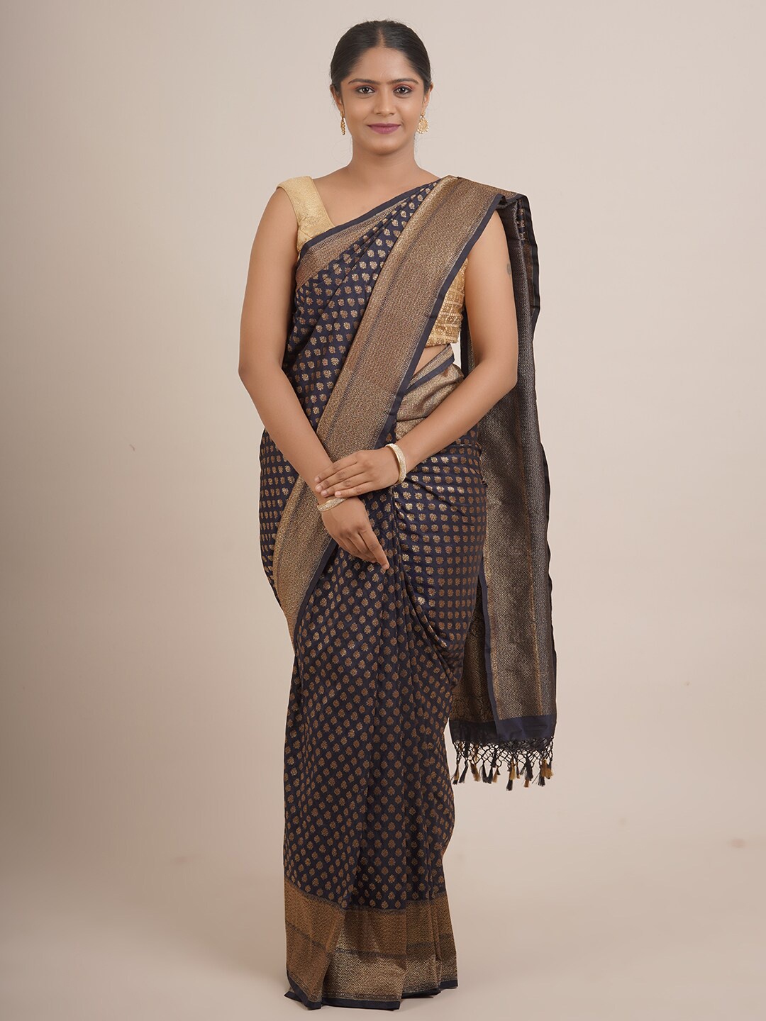 

Pothys Navy Blue & Gold-Toned Woven Design Pure Silk Saree