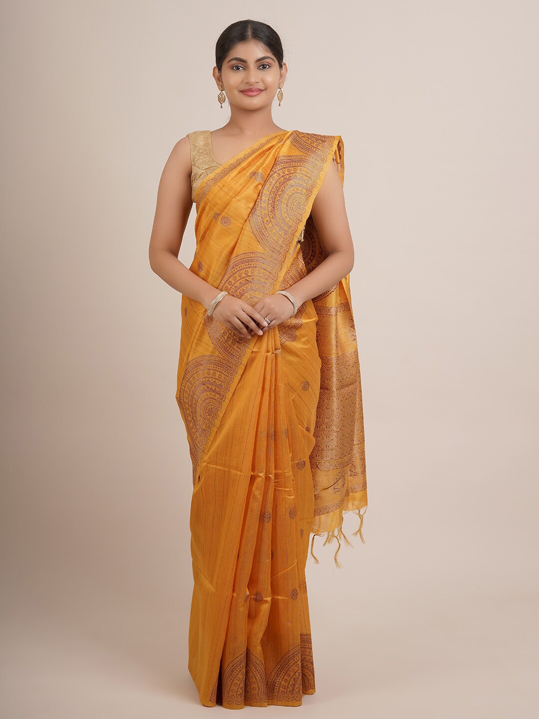 

Pothys Yellow & Gold-Toned Ethnic Motifs Zari Art Silk Saree