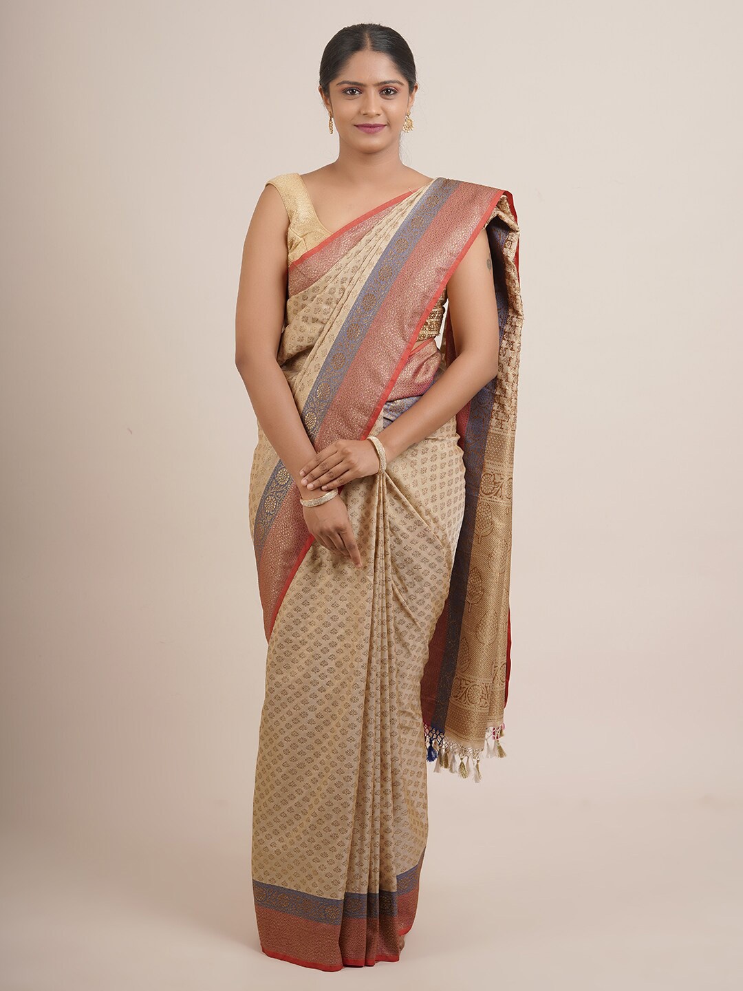 

Pothys Cream-Coloured & Red Ethnic Motifs Pure Silk Banarasi Saree