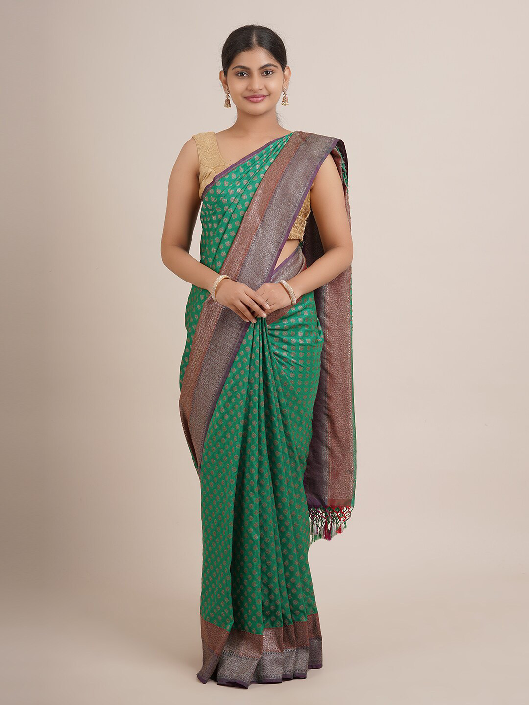 

Pothys Green & Grey Floral Zari Pure Silk Saree