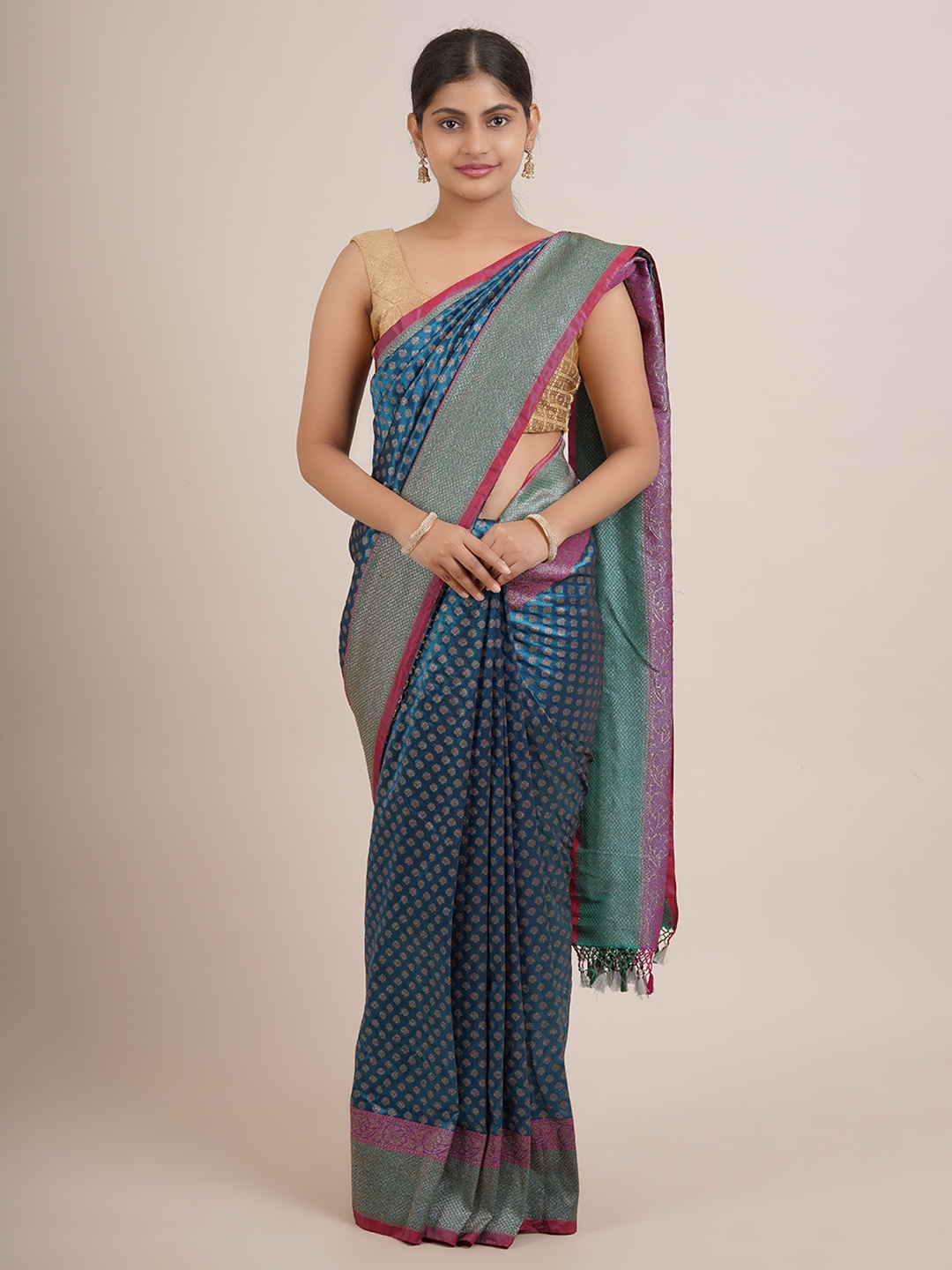 

Pothys Turquoise Blue & Magenta Woven Design Pure Silk Saree