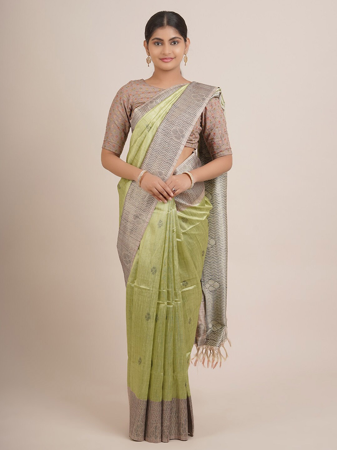 

Pothys Green & Grey Floral Zari Pure Silk Saree