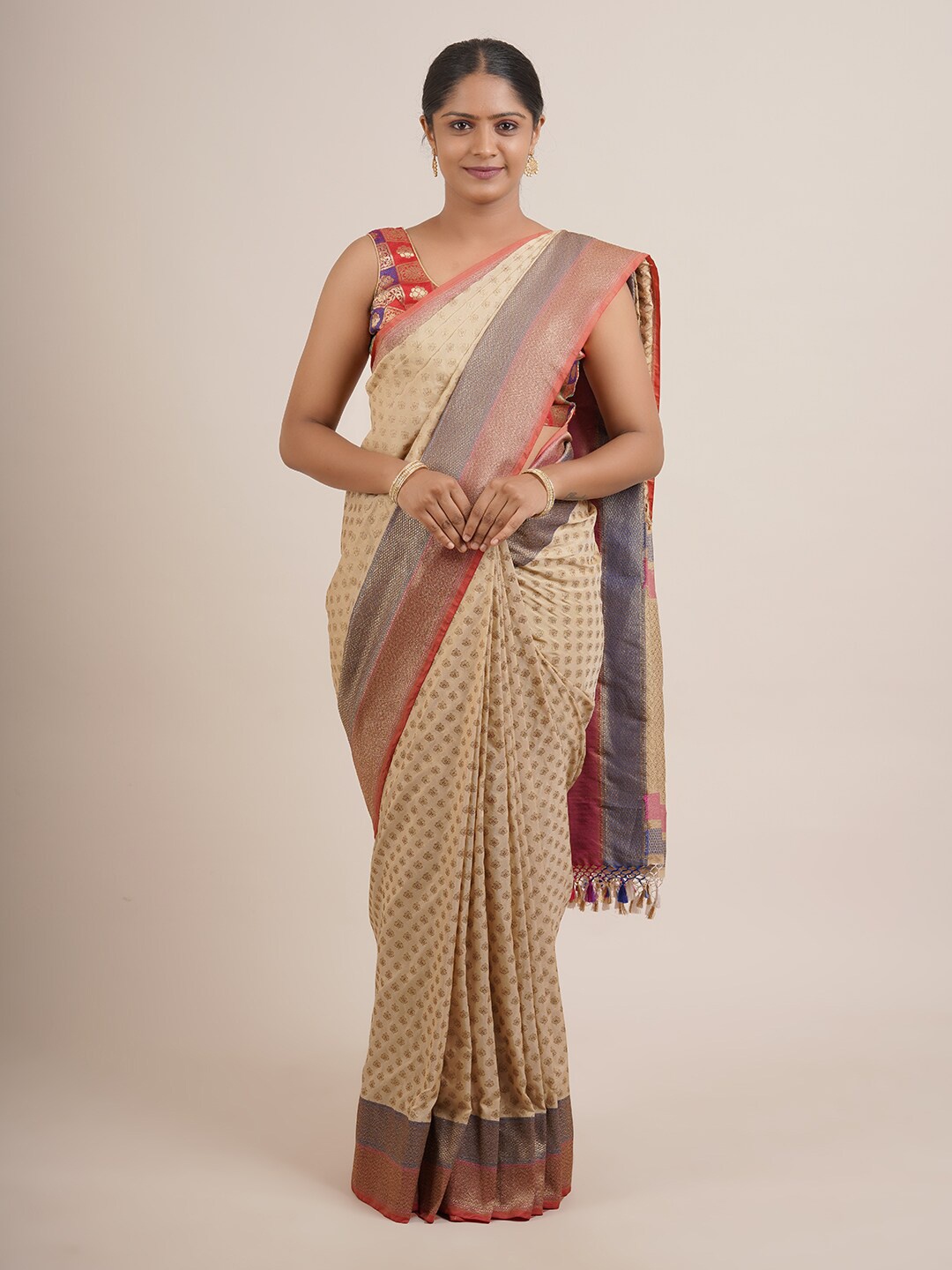 

Pothys Beige & Grey Floral Pure Silk Saree