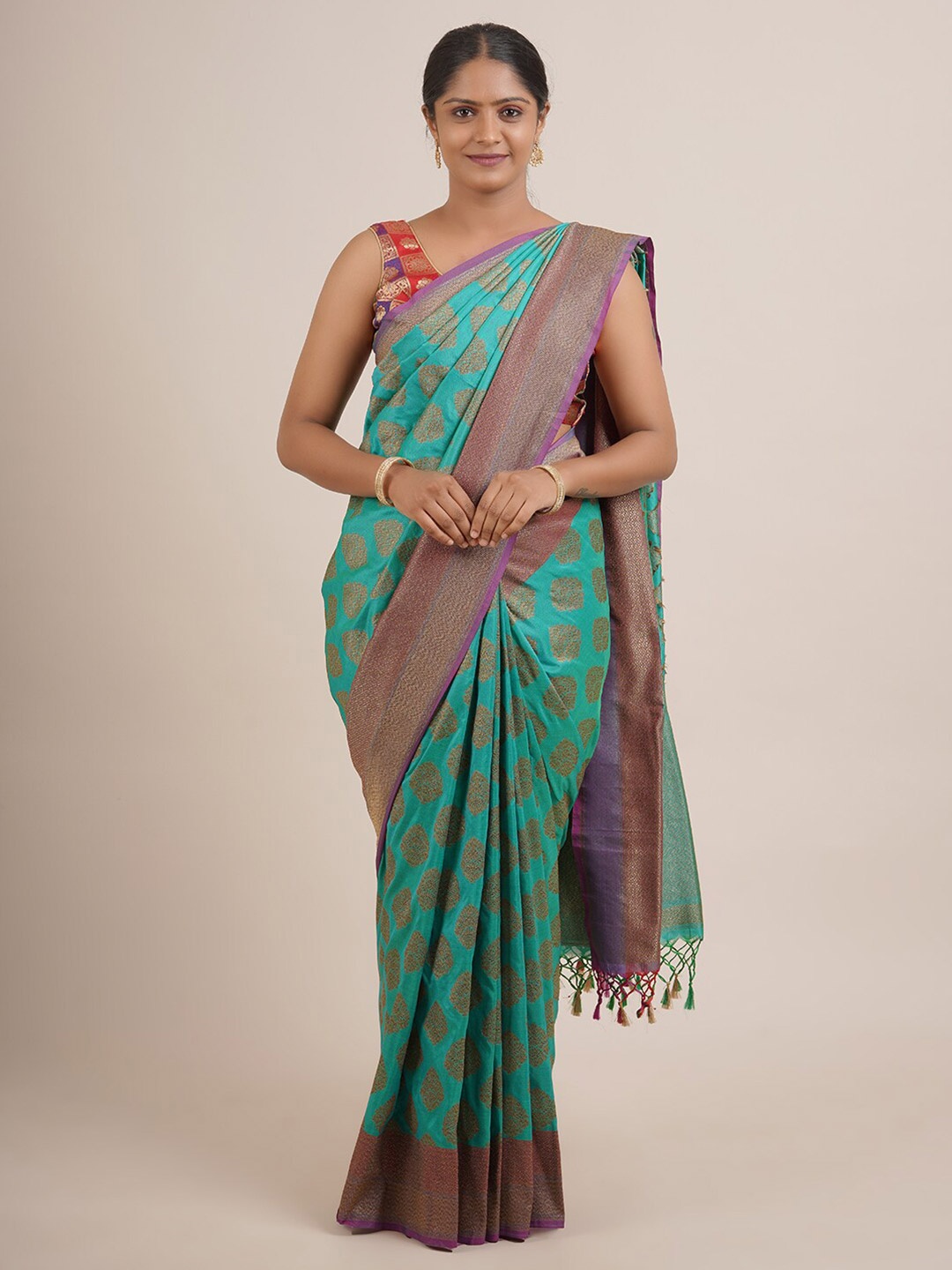 

Pothys Green & Purple Ethnic Motifs Zari Pure Silk Saree