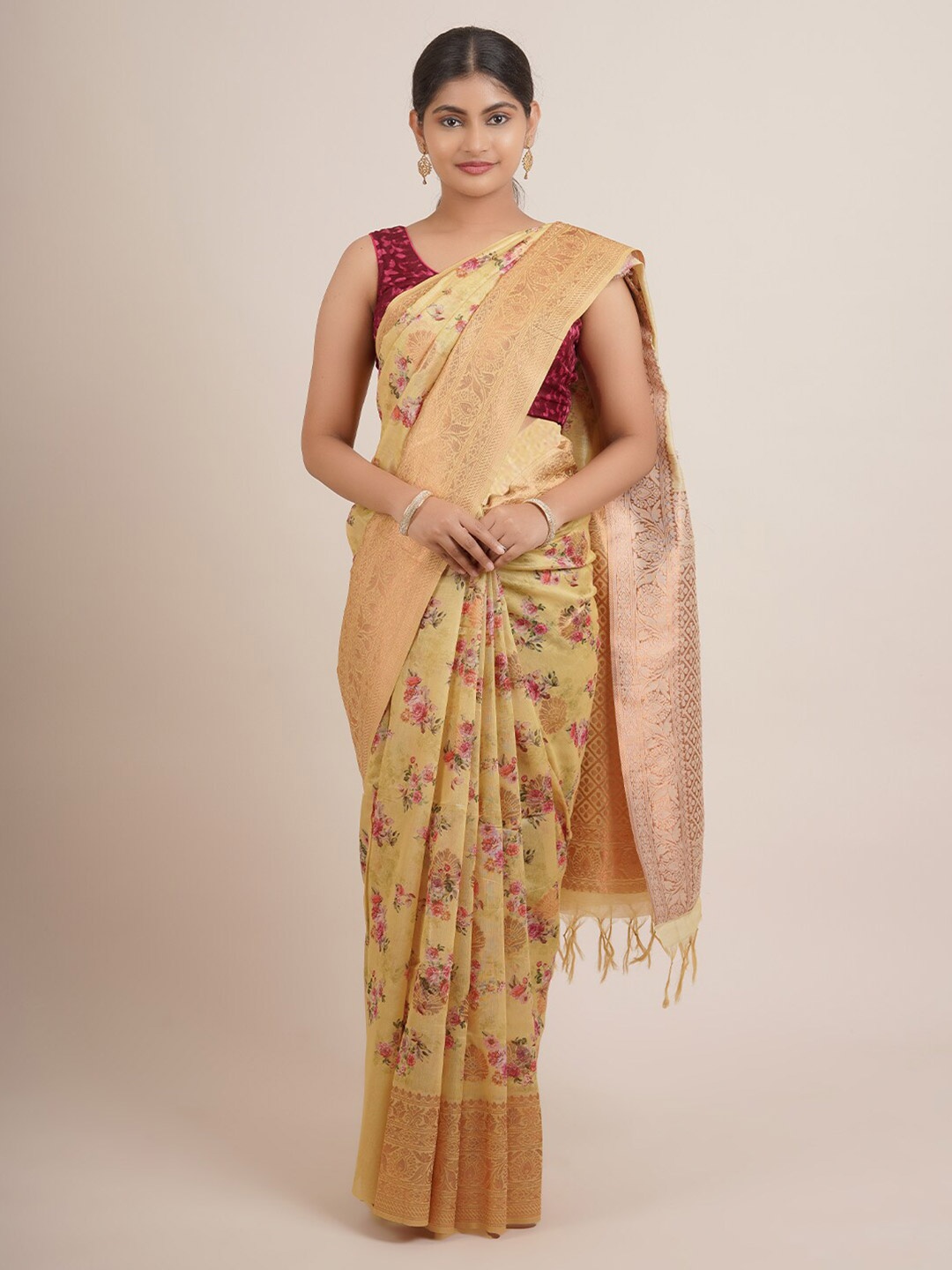 

Pothys Yellow & Red Floral Pure Silk Saree