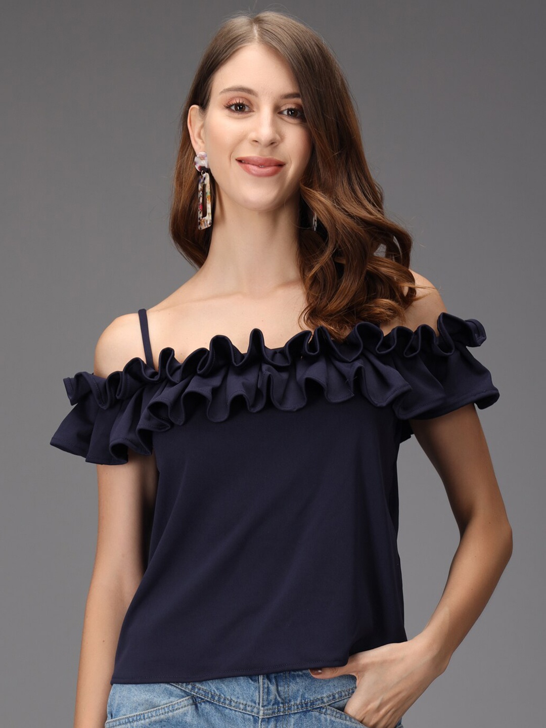 

Darzi Navy Blue Ruffled Cold-Shoulder Sleeves Bardot Top