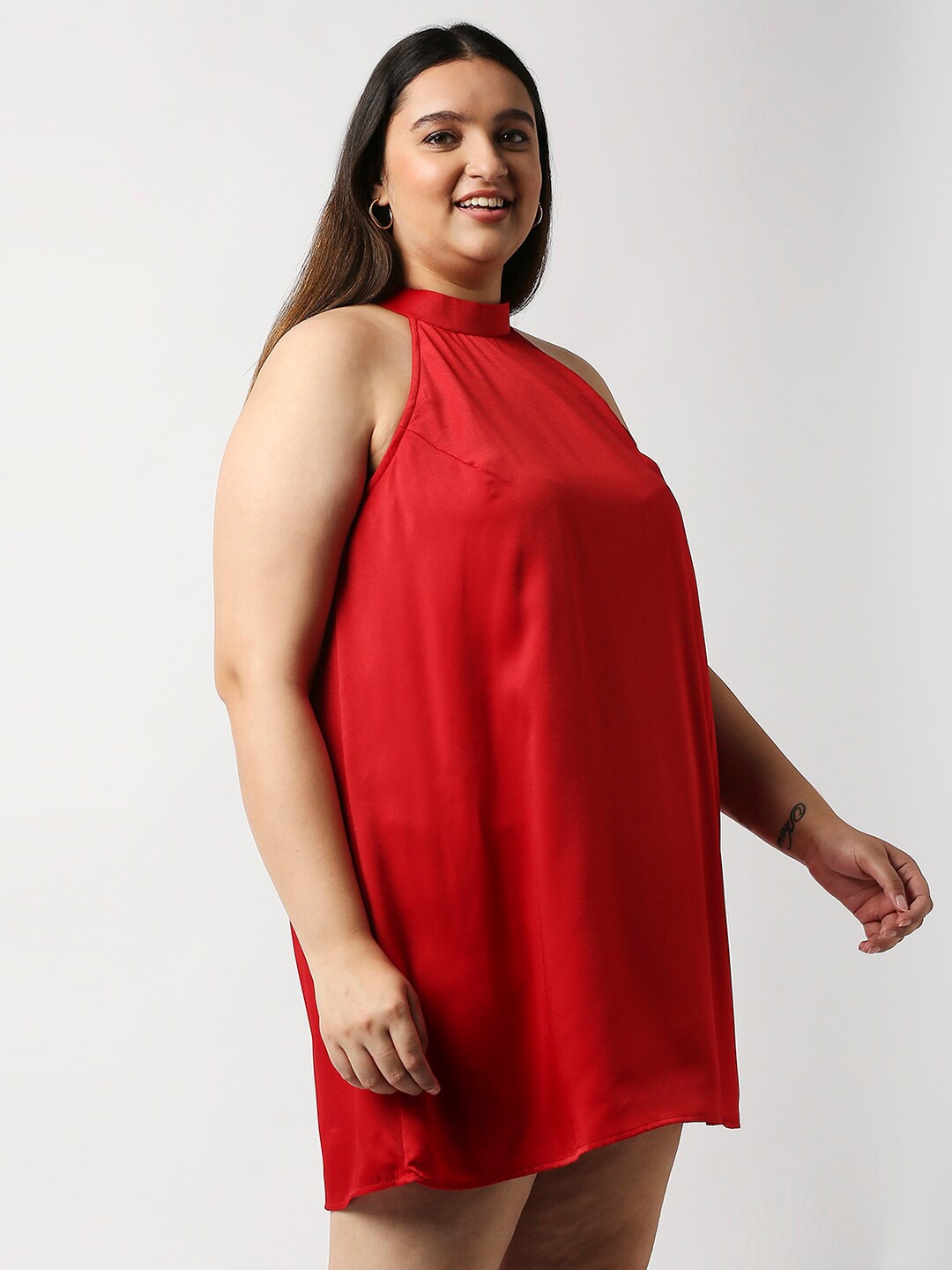 

20Dresses Plus Size Red Halter Neck Satin A-Line Dress
