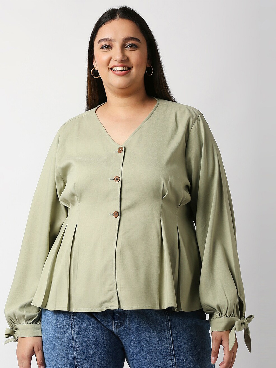 

20Dresses Plus Size Green Puff Sleeves V-Neck Top