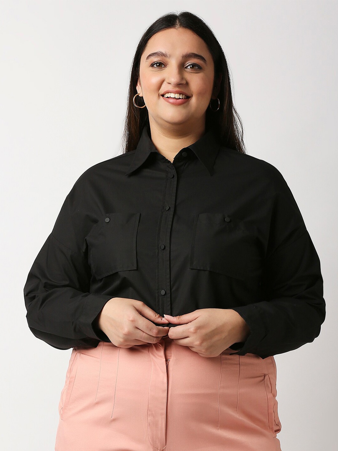 

20Dresses Plus Size Women Black Solid Party Cotton Shirt