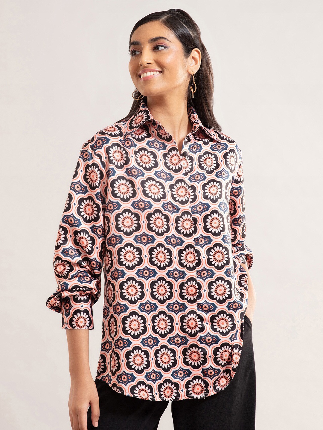 

20Dresses Women Orange & Blue Ethnic Printed Longline Casual Shirt