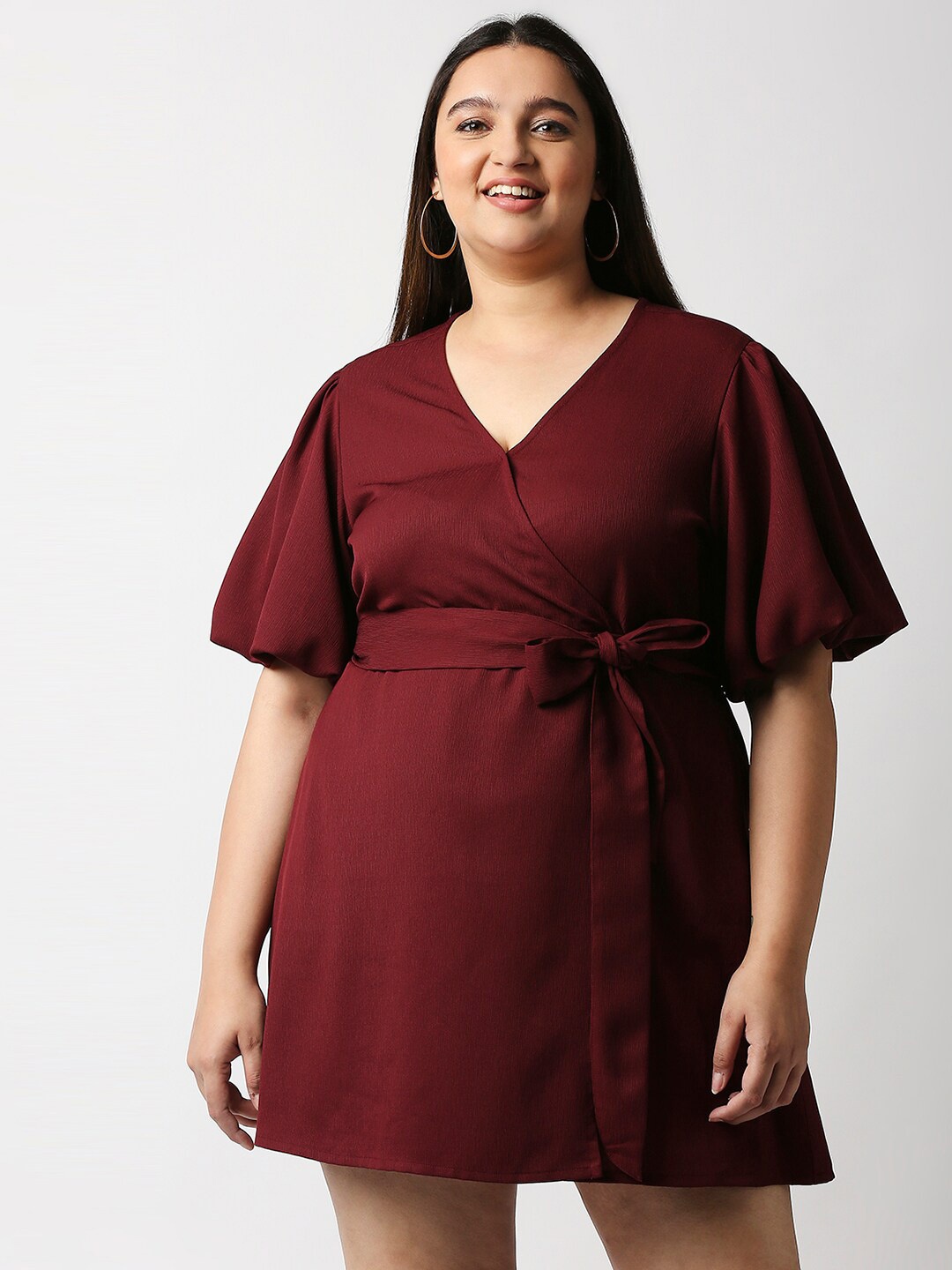 

20Dresses Plus Size Maroon Puff Sleeves Wrap Dress