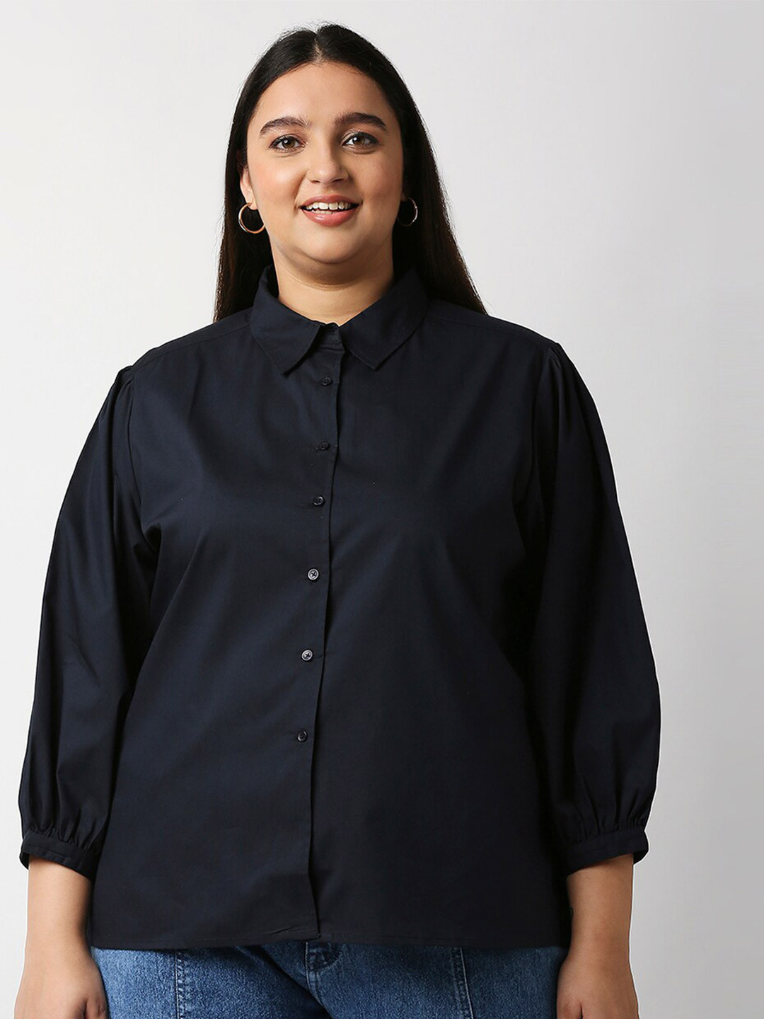 

20Dresses Plus Size Navy Blue Solid Pure Cotton Shirt Style Top