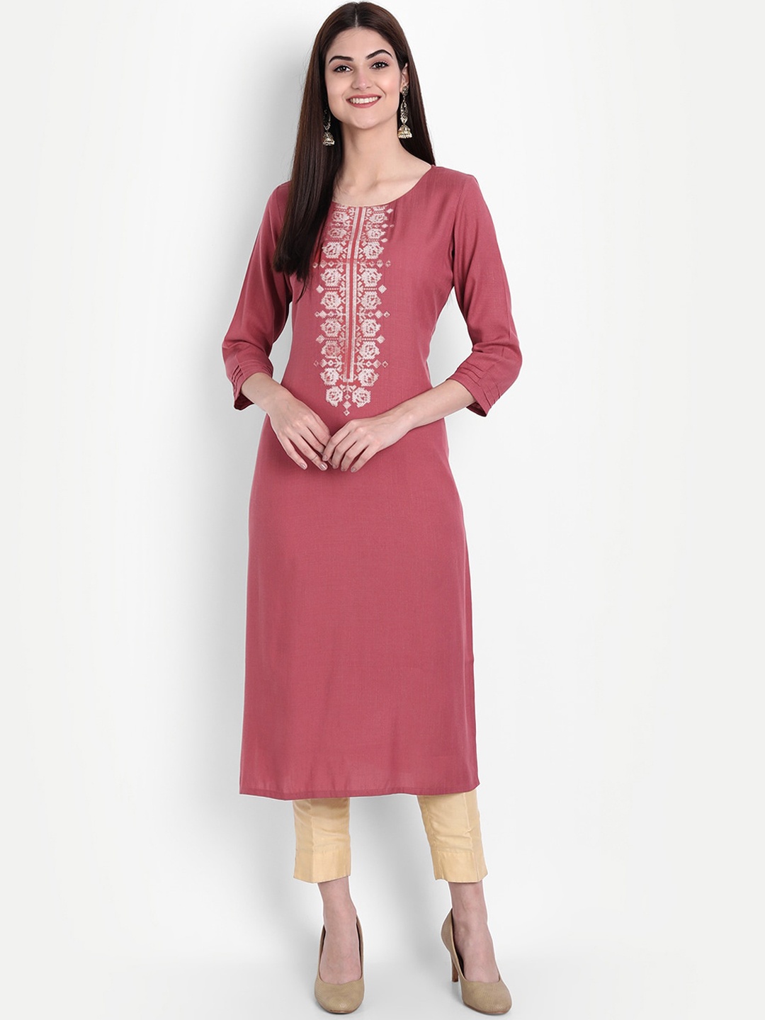 

arangya Women Pink Embroidered Thread Work Straight Kurta